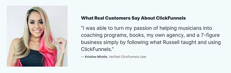 A person with long blonde and pink hair is shown next to a testimonial about using ClickFunnels for building a successful business in coaching, books, and agencies.