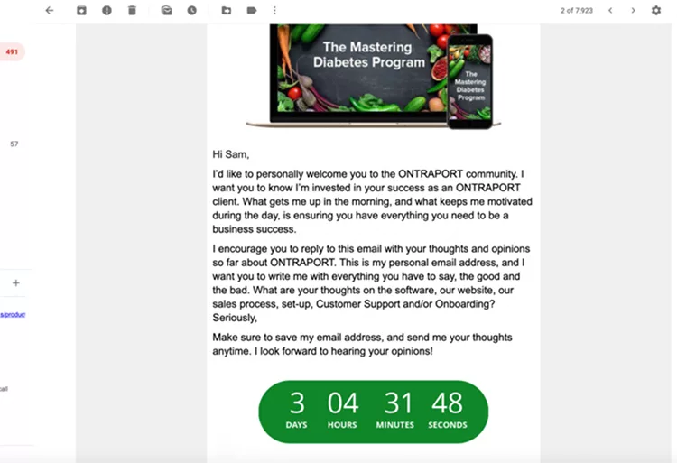 Screenshot of an email promoting "The Mastering Diabetes Program." The email is addressed to Sam and encourages feedback about the ONTRAPORT service. A countdown timer shows 3 days, 4 hours, 31 minutes, and 48 seconds remaining.