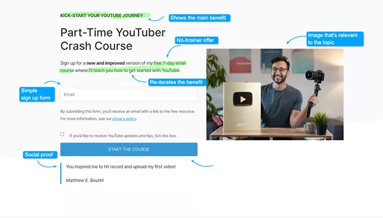 A website sign-up page for a "Part-Time YouTuber Crash Course" offering a free 7-day email course on starting a YouTube channel. The image includes a man holding a camera and a YouTube award, highlighting the course's benefits.