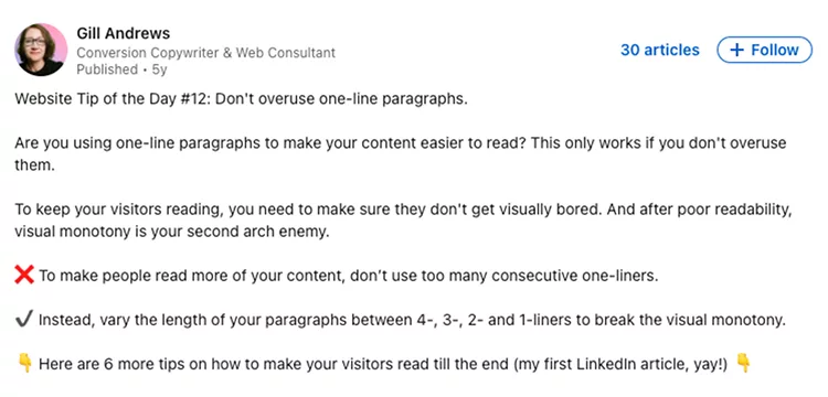 Screenshot of an article titled "Website Tip of the Day #12: Don't overuse one-line paragraphs." It discusses the importance of varying paragraph lengths for better readability and visual engagement.