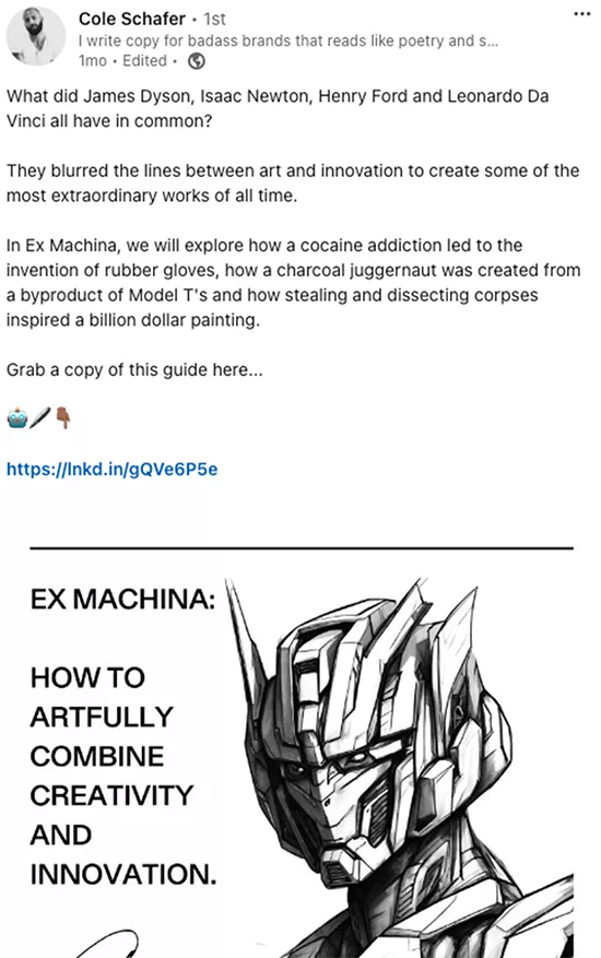 A social media post includes an image of a robot head from the book "Ex Machina: How to Artfully Combine Creativity and Innovation" with a brief caption and a link to additional content.