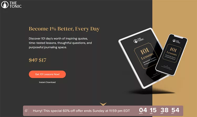 Advertisement for "101 Lessons" offering a 60%-off discount, reducing the price from $47 to $17. Includes a "Get 101 Lessons Now!" button for instant download. Timer indicates the offer ends on Sunday at 11:59 PM EDT.