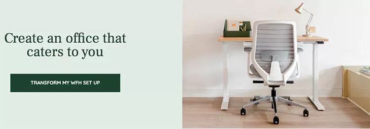 A minimalistic office setup featuring a white ergonomic chair and a light wooden desk with a lamp, small plants, and stationary items. Text on the left reads, "Create an office that caters to you".