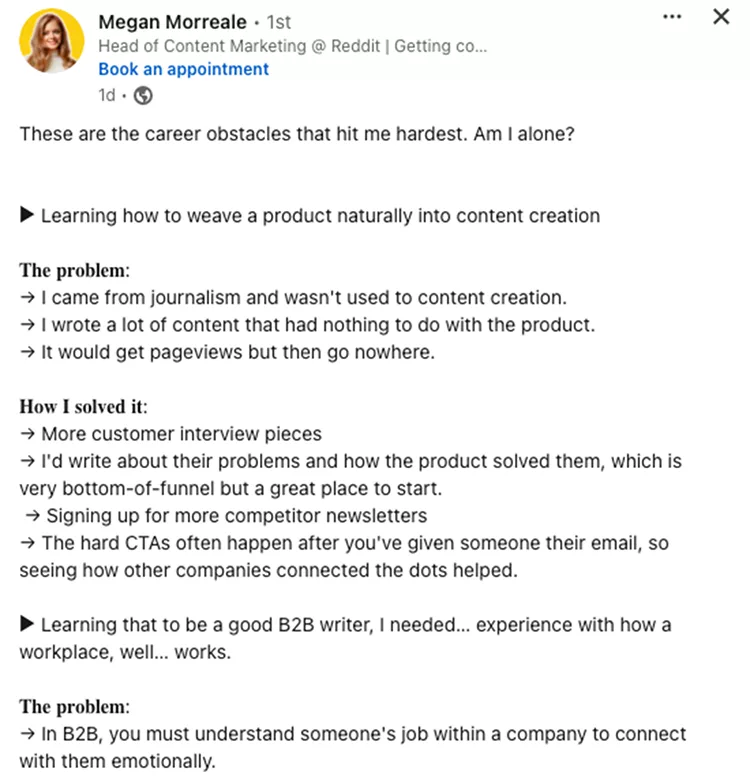 A LinkedIn post by Megan Morreale discussing career obstacles, particularly learning content creation for B2B, including points on problems faced and solutions implemented.