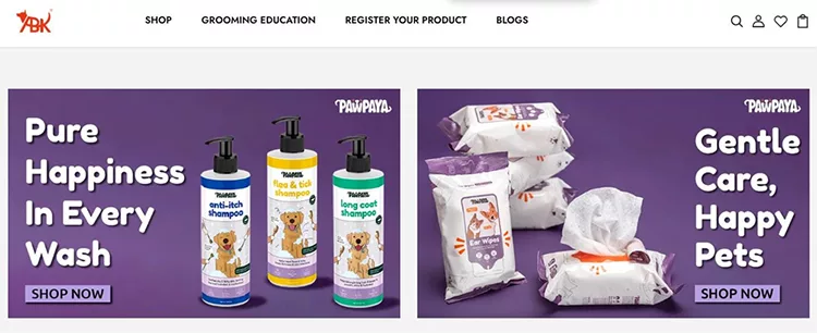 Advertisement banner for pet grooming products. Left section shows pet shampoos with text "Pure Happiness In Every Wash." Right section shows pet wipes with text "Gentle Care, Happy Pets.