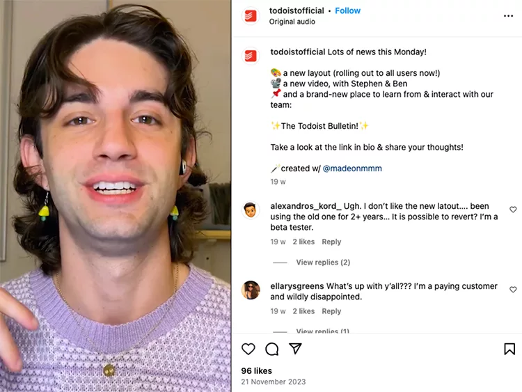 A person with long hair and a purple knit sweater speaks in a video. Text on the side mentions updates from Todoist, including a new layout and an interaction space called "The Todoist Bulletin.