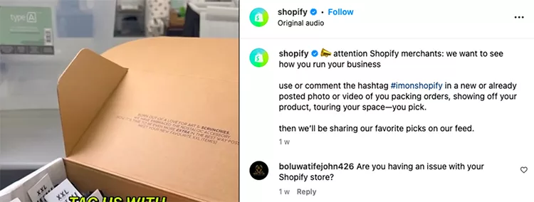 A partially open unsealed box appears next to a section of a social media post from Shopify, inviting merchants to share their business operations using a specific hashtag. One user comment is visible below.