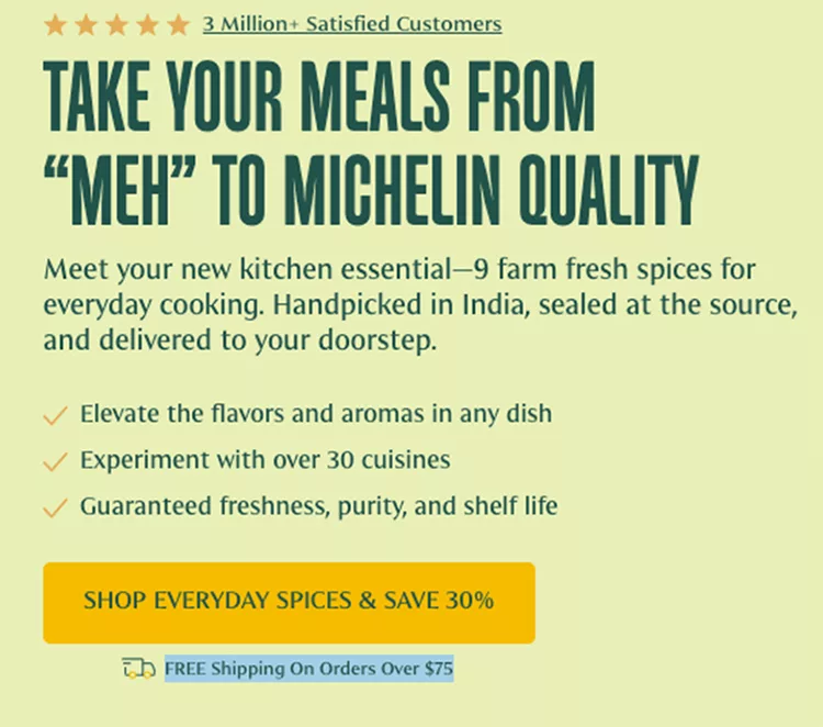 Advertisement for a spice set featuring nine farm-fresh spices from India. Claims to enhance flavors, offers experiments with over 30 cuisines, and guarantees freshness. Includes a 30% discount offer.