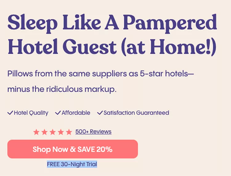 Advertisement for pillows with the headline "Sleep Like a Pampered Hotel Guest (at Home!)" offers a 20% discount, free 30-night trial, and mentions hotel quality, affordability, and satisfaction guarantee.