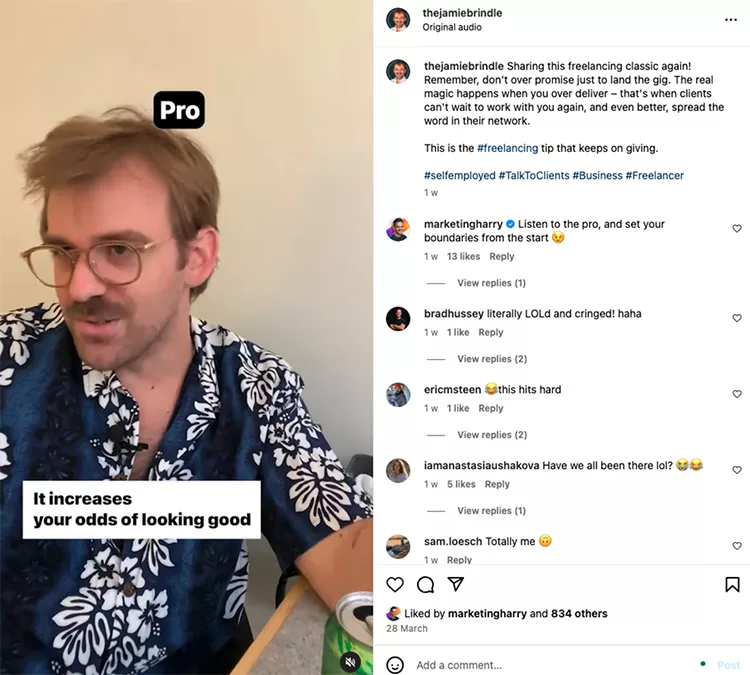 A man with glasses and a mustache is speaking, with text on the image that reads "It increases your odds of looking good." The Instagram caption discusses freelancing tips.