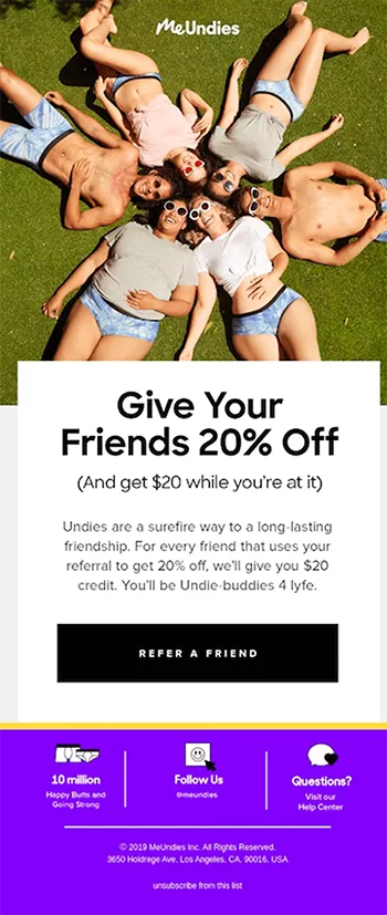 Group of people in casual wear lying on grass, forming a circle and smiling. The banner promotes a 20% off referral discount for MeUndies with a "Refer a Friend" button at the bottom.