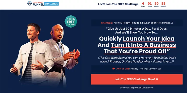 Two presenters stand on a stage promoting a challenge titled "Your First Funnel" aimed at helping participants launch business ideas. A countdown timer and call-to-action button are visible on the webpage.