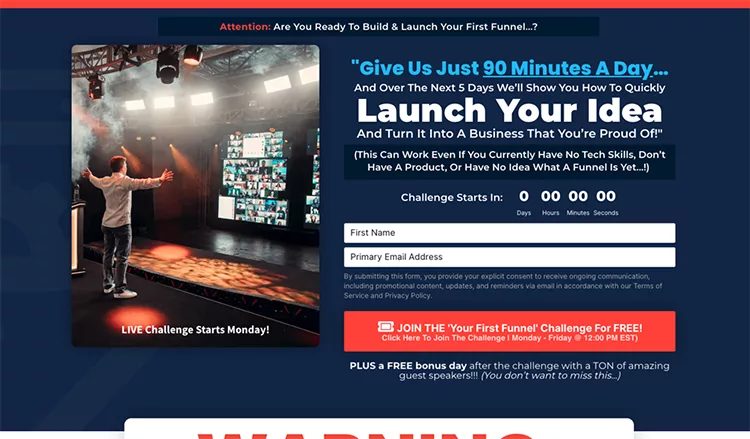 Screenshot of a webinar sign-up page with a countdown timer, an image of a person speaking on stage, and fields to enter name and email for a "90-minutes-a-day" challenge to launch a business idea.