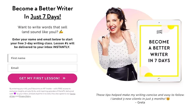 Promotional image for a writing course titled "Become a Better Writer in 7 Days." Includes a signup form and a testimonial from Greta praising the course's effectiveness.