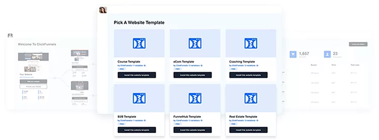 A website interface showing a selection of various website templates including Course, eCommerce, Coaching, B2B, Membership, and Real Estate templates.