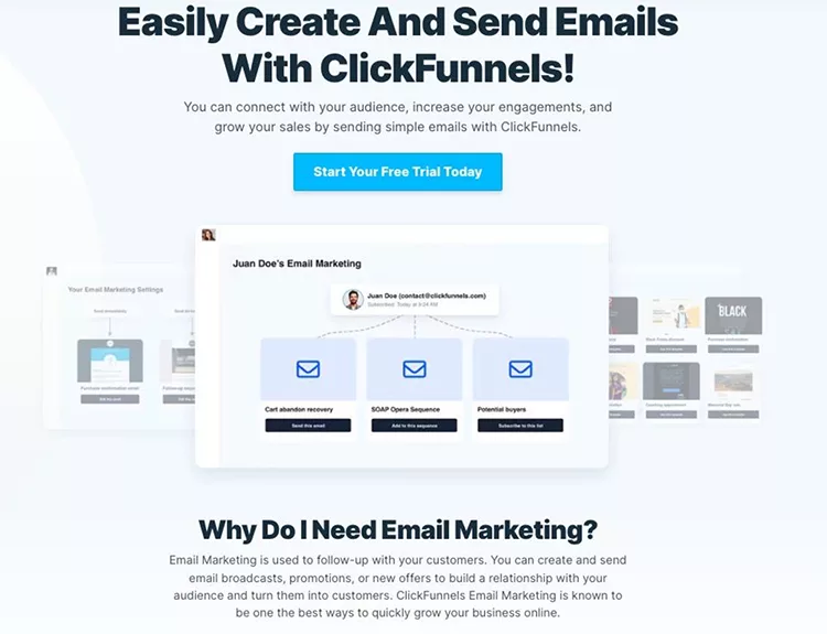 Advertisement for ClickFunnels, featuring a "Start Your Free Trial Today" button and an illustration of email marketing tools. The headline reads "Easily Create And Send Emails With ClickFunnels.