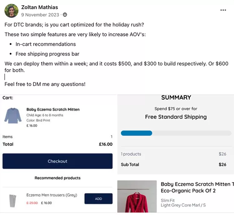 A Facebook post by Zoltan Mathias from 9 November 2023 discusses optimizing shopping carts with in-cart recommendations and a free shipping progress bar. An example cart totaling £16 is shown.