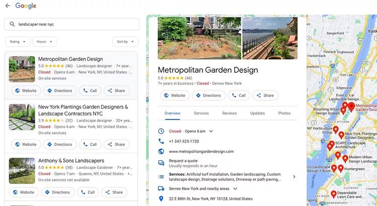 Google search results for landscapers near NYC. Results include Metropolitan Garden Design, New York Plantings Garden Designers & Landscape Contractors NYC, and Anthony & Sons Landscapers.