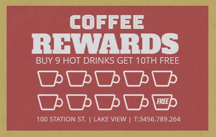 Red coffee rewards card for "100 Station St., Lake View." It offers a free drink after buying nine. Nine cup icons and one "FREE" cup icon are displayed. Contact: T:3456.789.264.