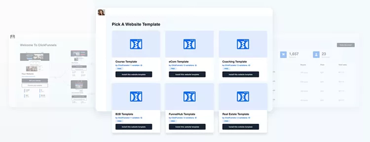 A web interface displays a selection screen for choosing different website templates, including Course, eCom, Coaching, and Real Estate templates, among others.