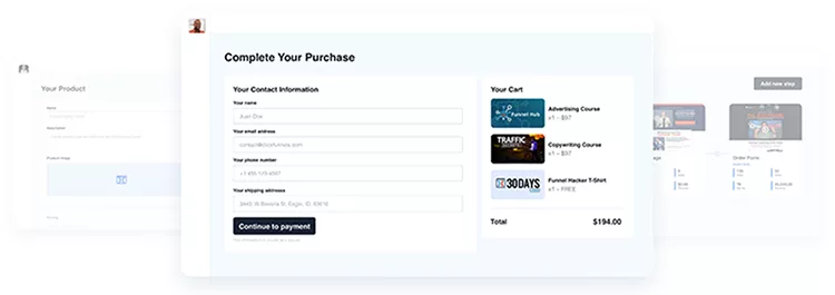 Online checkout form with fields for contact information and address on the left. On the right, a cart displays three items: Advertising Course, Copywriting Course, and Funnel Mastery Course totaling $174.00.