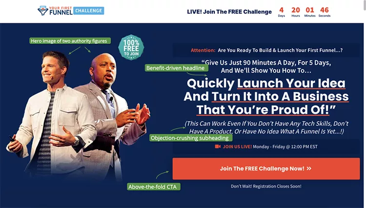 Two men speaking on a stage under the title "Your First Funnel Challenge." The text on the image discusses launching a business idea and includes various callouts and a countdown timer for a free challenge.