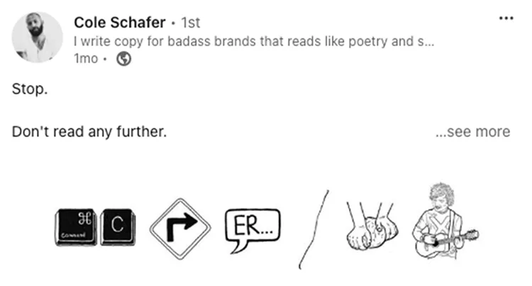 Social media post with text "Stop. Don't read any further." followed by a sequence of icons: pause button, right turn sign, speech bubble with "ER...", a diagonal line, and a person playing guitar.