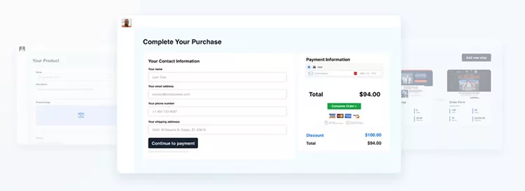 A screen displaying an online purchase form with sections for contact information and payment details. The total amount is $94.00, with a discount applied. A "Continue to payment" button is at the bottom.