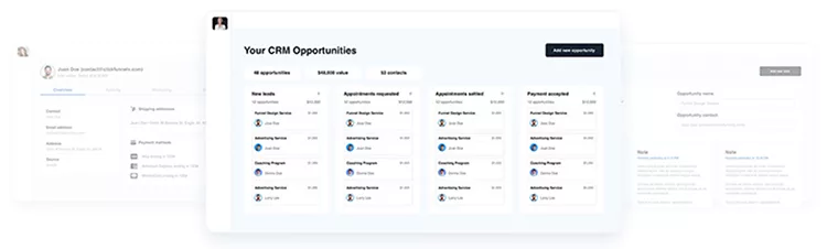 A screenshot of a CRM dashboard showing various opportunities, their potential values, stages, and closing dates. The interface includes options to add new opportunities and filter data.