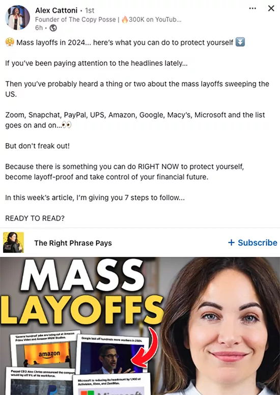 A social media post by Alex Cattoni discusses mass layoffs in 2024, offering steps to protect yourself. The post includes an image of Alex with text highlighting various companies involved in layoffs.