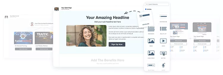 Screenshot of a webpage template design displaying a headline, placeholder text, and a sign-up button. The image includes a smiling woman and a sidebar with additional template options and icons.