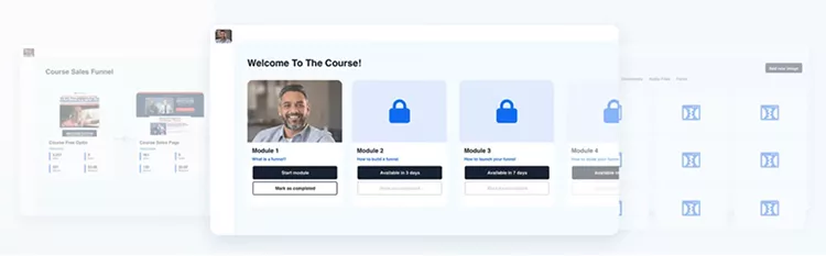 Online course interface showing a welcome message, a video of an instructor, and three modules with padlock icons indicating restricted access to Modules 2 and 3.