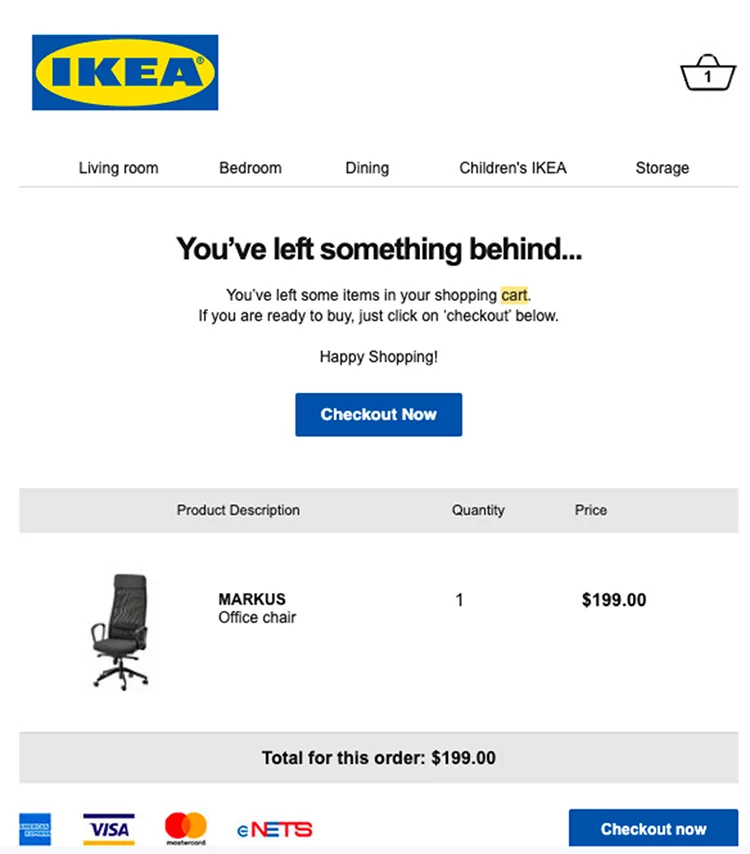 Screenshot of an IKEA cart reminder showing a MARKUS office chair priced at $199.00. The total order cost is $199.00, with a "Checkout Now" button and accepted payment methods displayed below.