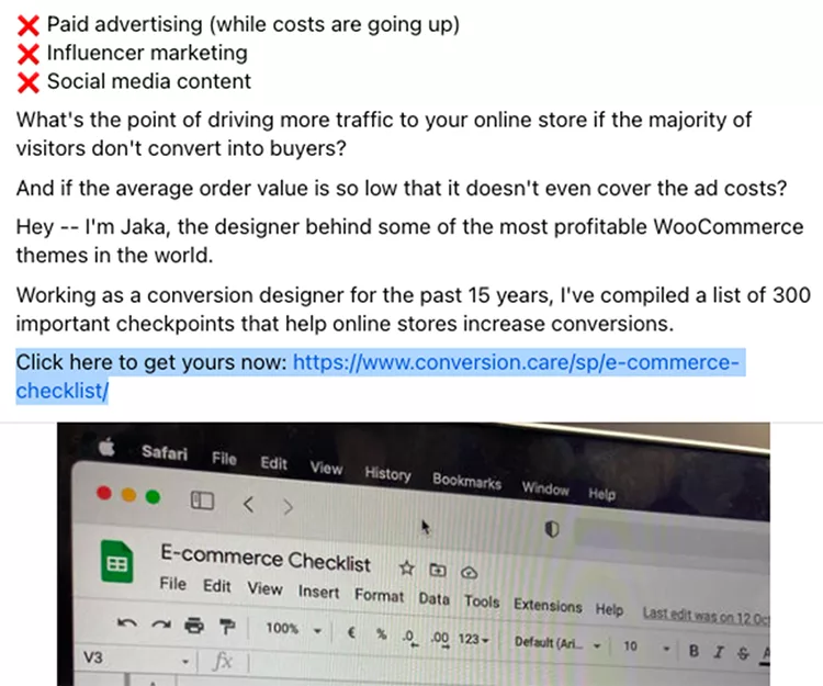 Screenshot of a webpage listing ineffective marketing tactics and promoting an e-commerce checklist available via a link. The webpage shows a literal checklist on a laptop screen.