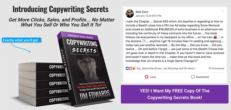 Image of an online advertisement for a copywriting book titled "Copywriting Secrets" by Jim Edwards. The ad includes a testimonial from Bob Carr praising the book's effectiveness.