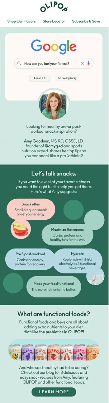 Infographic by OLIPOP featuring Amy Goodson offering pre and post-workout snack tips and the benefits of functional foods. Sections show snacks, hydration tips, and the importance of nutrient timing.