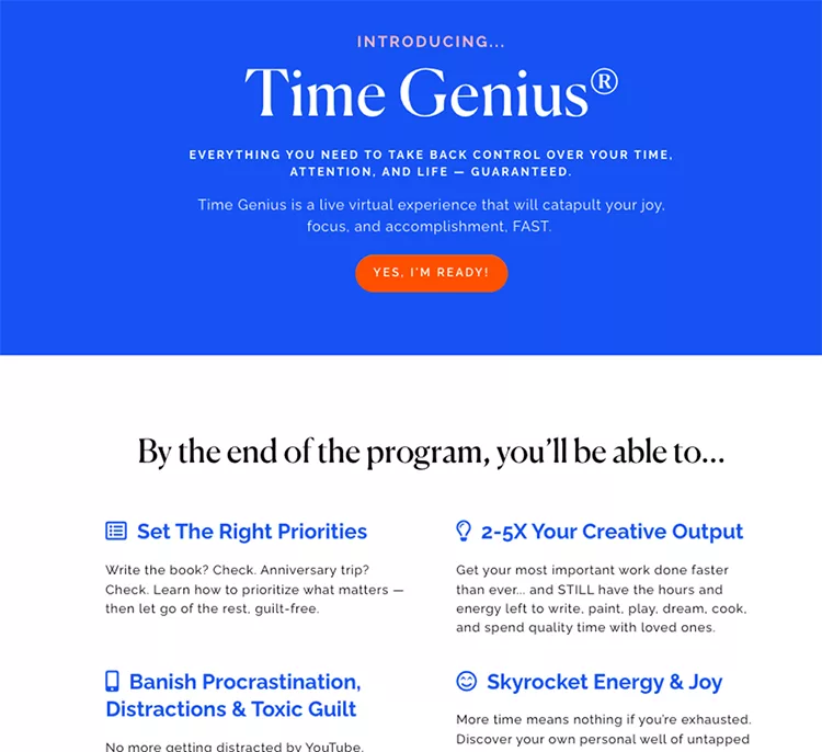 A promotional image for "Time Genius," describing its benefits such as setting priorities, boosting creativity, eliminating distractions, and increasing energy. There is a "Yes, I'm Ready!" button.