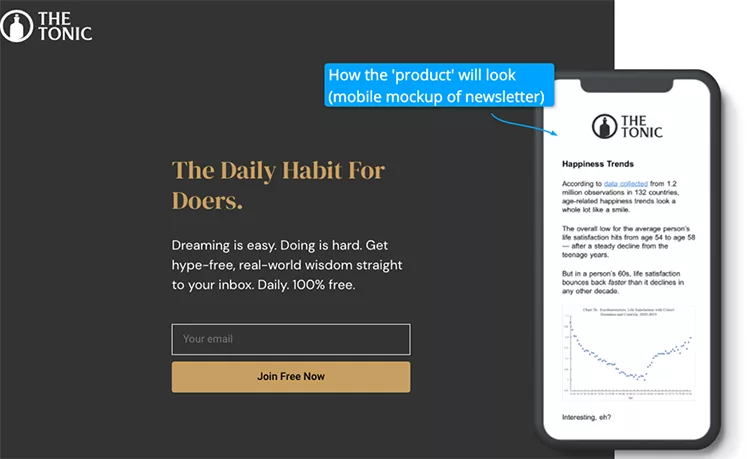 A webpage with a sign-up form for "The Tonic" newsletter. Includes a mockup of a mobile newsletter showcasing a happiness trends article and a "Join Free Now" button.