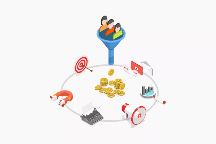 Illustration depicting a marketing funnel with user figures feeding into a funnel, leading to various marketing elements such as a target, coins, charts, and megaphone in a circle.