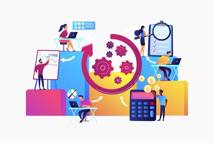 Illustration of people working with charts, gears, and a calculator, representing business processes and workflow optimization.