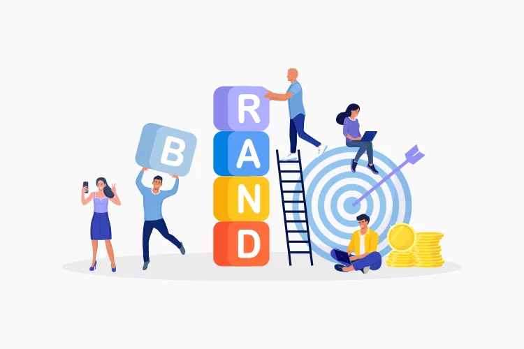 Illustration of five people constructing blocks spelling "BRAND". One person climbs a ladder, another sits on a target, and two others hold smartphones. Piles of coins are stacked on the right.