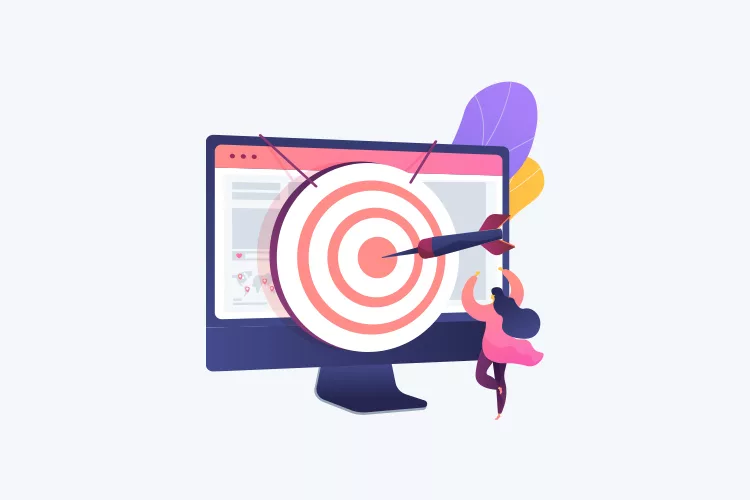 Illustration of a person climbing onto a large computer monitor with a target and a dart on the screen, symbolizing achieving goals or precision in digital tasks.