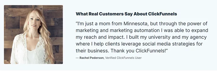 A testimonial from Rachel Pederson, a ClickFunnels user, alongside her photo. She explains that ClickFunnels helped her expand her business reach and impact by leveraging social media strategies.