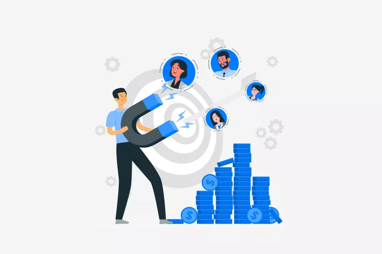 Illustration of a man holding a magnet attracting customer profiles, depicted as floating avatars, towards a stack of money symbolizing financial gain.