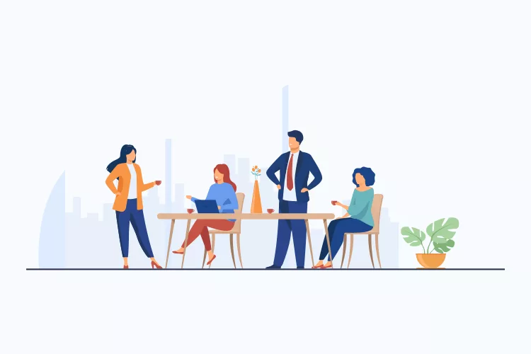 Illustration of four people in a meeting. Three are seated at a table, with one person working on a laptop. One stands at the table's end, while another stands and gestures outward. A plant is nearby.