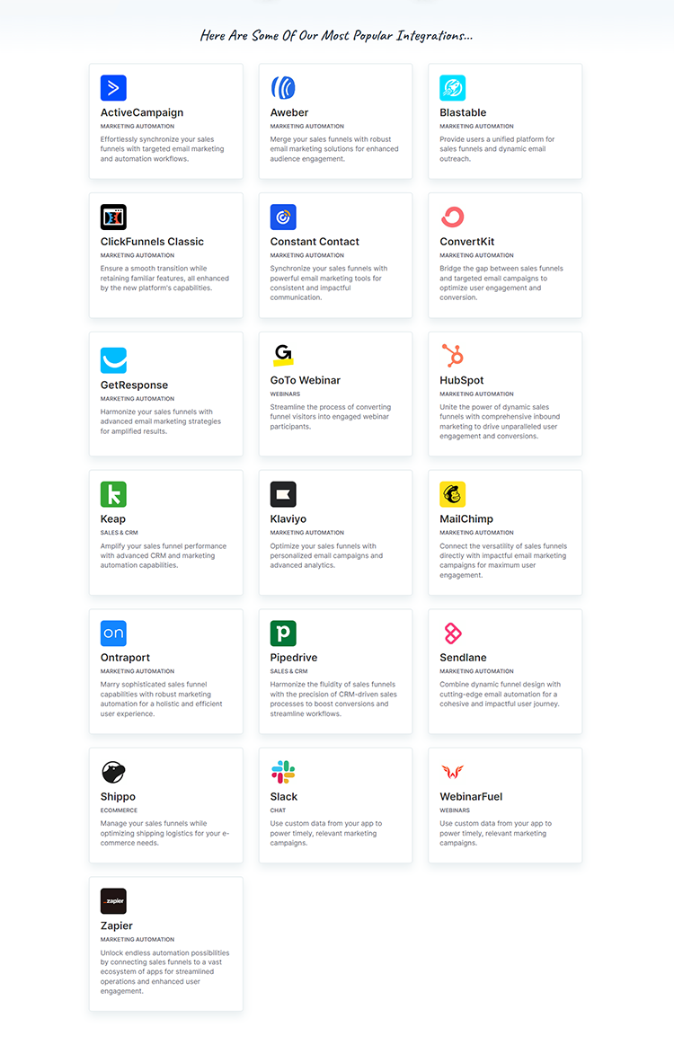 A grid of icons and brief descriptions for various marketing tool integrations, including ActiveCampaign, Aweber, ClickFunnels Classic, Constant Contact, and others, with a heading at the top.