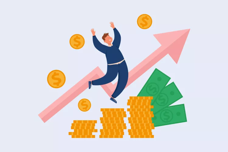 Illustration of a person celebrating amid rising financial symbols, including coins, an upward arrow, and stacks of cash, suggesting financial success or profit growth.