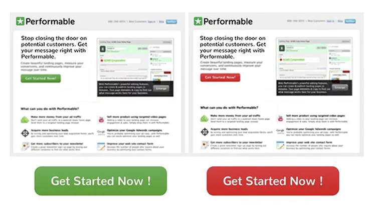 Two nearly identical web pages comparing a green "Get Started Now!" button on the left with a red "Get Started Now!" button on the right, both encouraging user action towards a service called Performable.