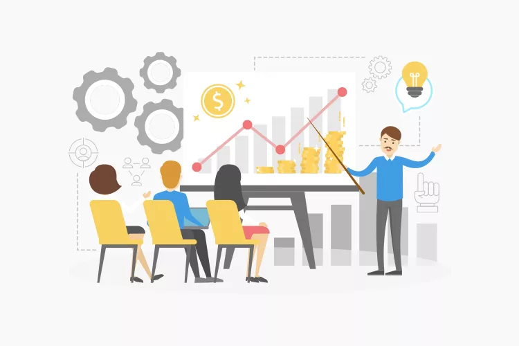 A presenter uses a pointer to explain a chart with upward-trending graphs and stacked coins to three seated individuals. The background includes gears, lightbulb, and network icons.