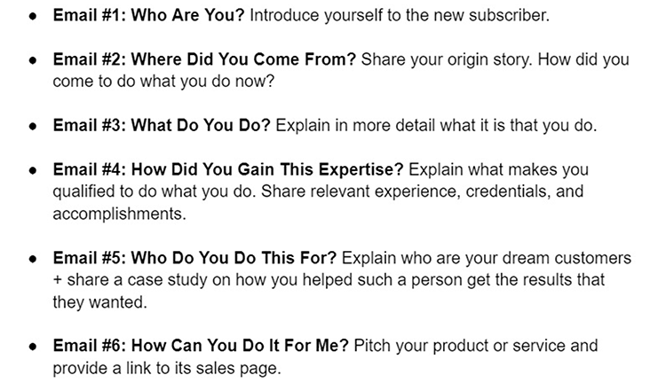 A list of six sequential email prompts titled "Email #1 to Email #6" details a subscriber introduction sequence, including questions on origin, expertise, target audience, and product/service offerings.